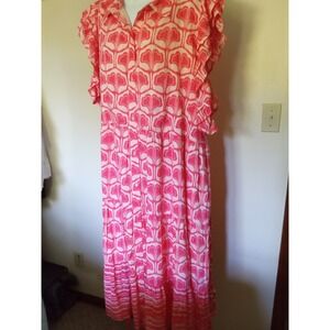 3X Pink White Heart Print Tiered Maxi Dress Ruffle Sleeve Button Front Tie Waist